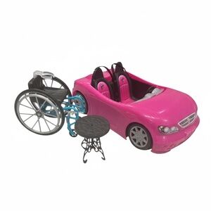 Barbie Accessories,‎ Lot of 3 Pink Convertible Car, Wheelchair & Table Ken